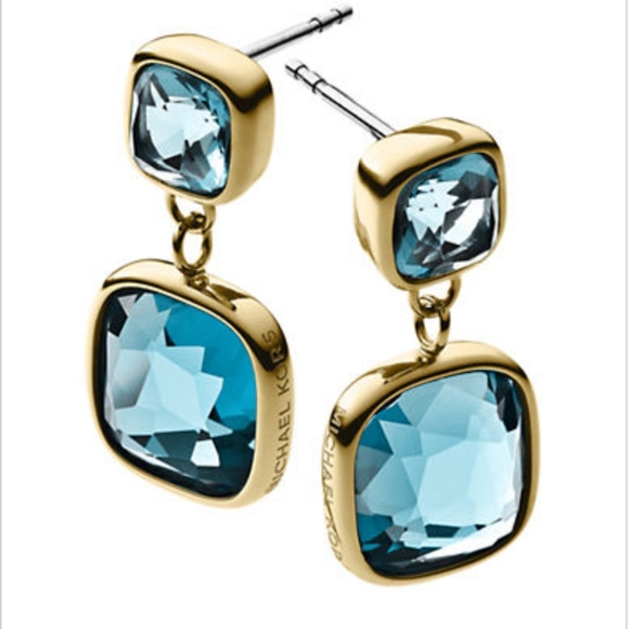 Michael Kors Botanical Drop Earrings Two Cushion Cut Blue Stones Gold Plated NWT - Picture 1 of 12